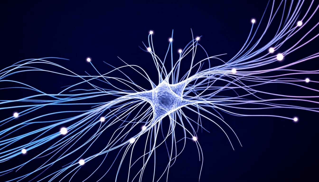 Visualización abstracta de una red neuronal con partículas cian y violeta